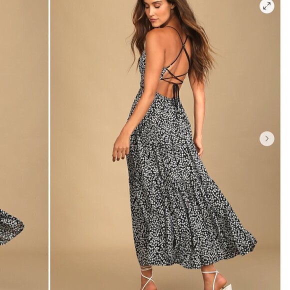 NWT Lulu's Kind Heart Black Floral Print Tiered Lace-Up Midi Dress - Picture 2 of 7